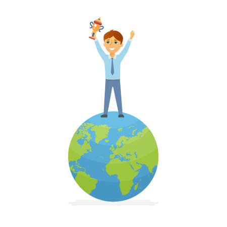 School Contest Winner - happy boy on the globe holding cupのイラスト素材