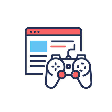 Browser Games - modern vector single line design icon. Image depicting red and blue color window of...