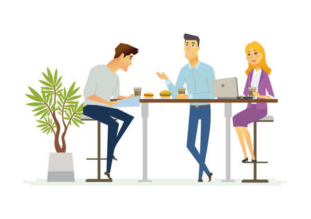 Business Lunch - vector illustration of office situation. Cartoon people characters of young female, male colleagues, partners having rest, talking at the laptop. Scene with three employees discussingのイラスト素材