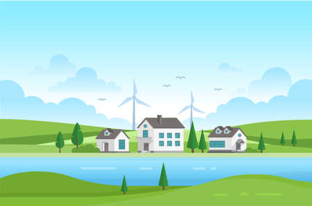 Housing estate with windmills by the river - modern vector illustrationのイラスト素材