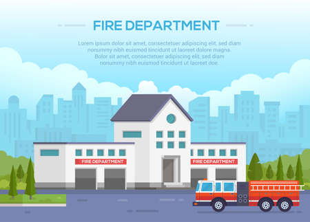 Fire department - modern vector illustration with place for text. Urban background. Nice park around. Blue sky with clouds. Fire-engine with ladder on the roadのイラスト素材
