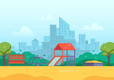 Children's playground in a big city - modern vector illustration with skyscrapers, housing estate on the background. Tot lot with slide, bench, sandbox, merry-go-roundのイラスト素材