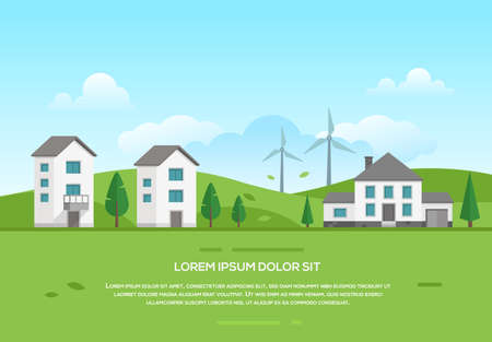 Ecofriendly town with windmills - modern vector illustration with place for text. Landscape in green and blue colors with trees, small cute low storey suburban houses, blue sky with clouds, parkのイラスト素材