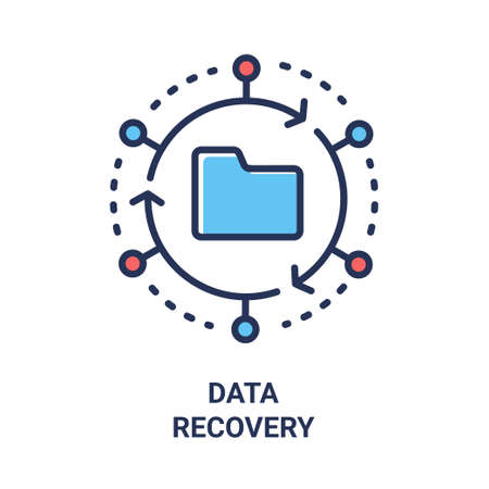 Data Recovery - modern vector single line design icon. An image of a folder in a circle made of arrows and dots, red and blue colors. White background. Cloud technology presentation.のイラスト素材