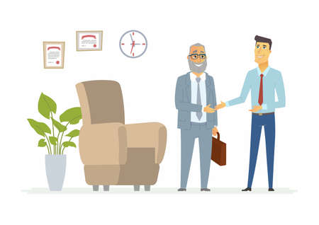 Productive business communication - modern cartoon people characters illustration with a senior boss and a young employee smiling and shaking hands. Composition with chair, clock, certificates, plantのイラスト素材