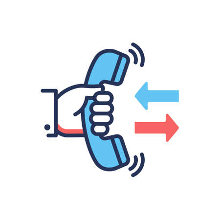 Call Back - modern vector single line design icon. An image of a hand holding a phone, two arrows, blue and red colors, white background.のイラスト素材