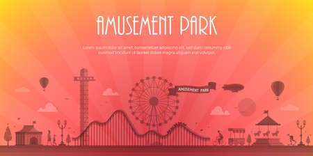 Amusement park - modern vector illustration with place for text. Landscape silhouette. Big wheel, attractions, benches, lanterns, trees, circus pavilion, carousel, people. Hot air balloon, airshipのイラスト素材