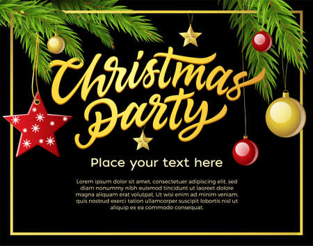 Christmas party - modern vector illustration with place for text. Hand drawn brush pen lettering on black background. Pine needle with balls, stars. Perfect as card, invitation, banner, flyerのイラスト素材