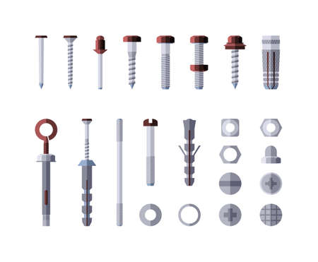 Metal hardware - modern vector isolated illustration on white background. Screws, bolts, nuts and rivets. Collection of metalware, goods and products. Grey and red colorのイラスト素材