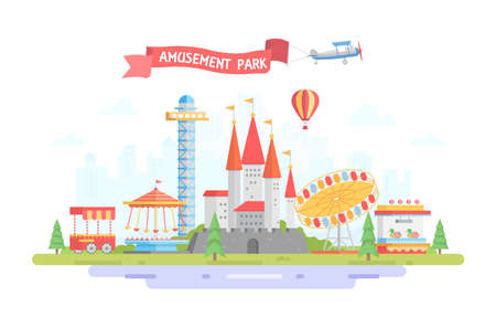 City with amusement park - modern flat design style vector illustration on urban background. Sign on red ribbon. Lovely view with merry-go-round, castle, airplane. Entertainment conceptのイラスト素材