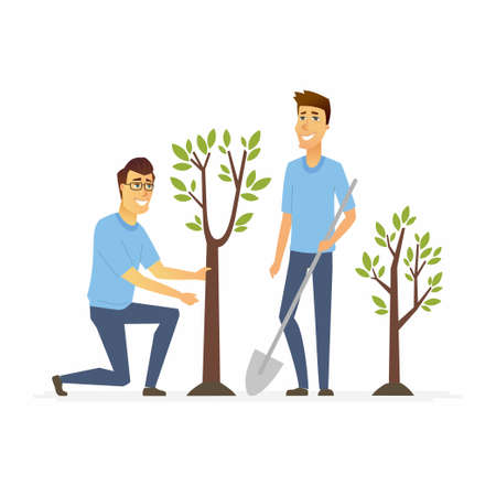 Volunteers plant trees - cartoon people characters isolated illustration on white background. Two young smiling male social workers set out wood. Ecological conceptのイラスト素材