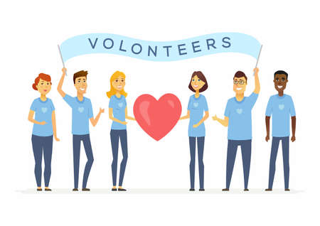 Happy volunteers with a banner - cartoon people characters isolated illustration on white...
