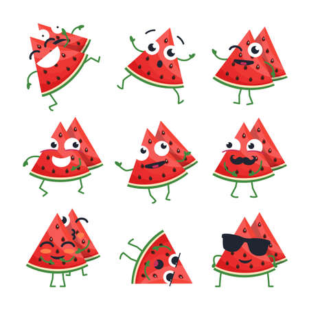 Funny watermelon - vector isolated cartoon emoticons. Cute emoji set with a nice character. A collection of angry, surprised, happy, cheerful, ill, crazy, laughing, sad fruit on white backgroundのイラスト素材