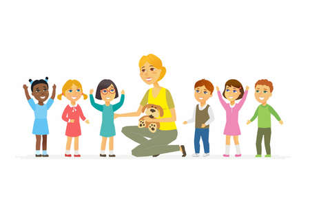 Nursery teacher with children - cartoon people characters isolated illustration on white background. Young kind smiling woman sitting with happy international kids and holding a toy.のイラスト素材
