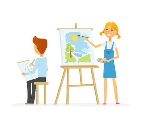 Two children drawing in class - cartoon people characters isolated illustration on white background. Smiling happy girl standing at the easels and painting, a boy sitting with a sketch-board.のイラスト素材