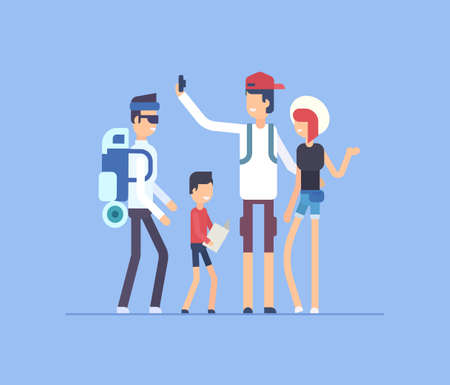 Tourists on holiday - modern flat design style illustration isolated on blue background. Smiling cartoon characters, couple making selfie, a man with a big backpack and sleeping pad, boy with a mapのイラスト素材