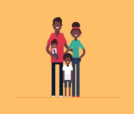 Happy African family - modern flat design style illustration isolated on orange background. Smiling cartoon characters, happy couple standing together with two children. sonsのイラスト素材