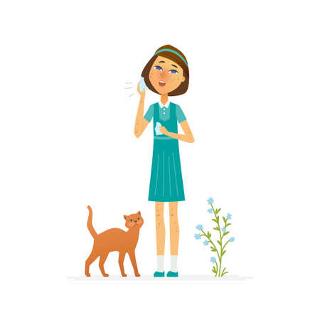Girl with a rash - cartoon people characters isolated illustration on white background. An image of a schoolgirl suffering from skin disease or allergy, holding a handkerchief, a cat and a plant nearのイラスト素材
