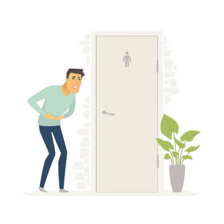 Man suffering from diarrhea - cartoon people characters isolated illustration on white background. A person with a stomachache standing before the water closet. Medical and healthcare conceptのイラスト素材