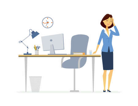 Office worker with a headache - cartoon people characters isolated illustration on white background. A young woman standing at a table holding a head. An image of workplace with computer, lamp, chairのイラスト素材