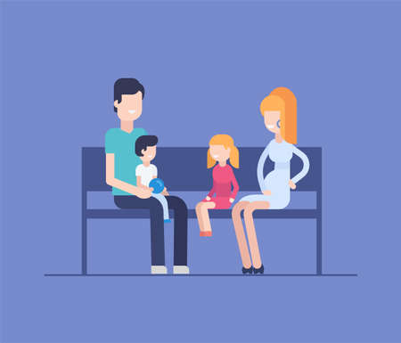 Family sitting on a bench - modern flat design style illustration on blue background. Smiling cartoon characters, pregnant woman, happy husband, son with a ball and daughter spending time togetherのイラスト素材
