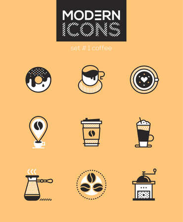 Coffee - set of line design style icons isolated on brown background. High quality images for a cafe, restaurant or shop. Donut, paper cup, art, bean, check-in, drink to go, latte, cezve, grinderのイラスト素材