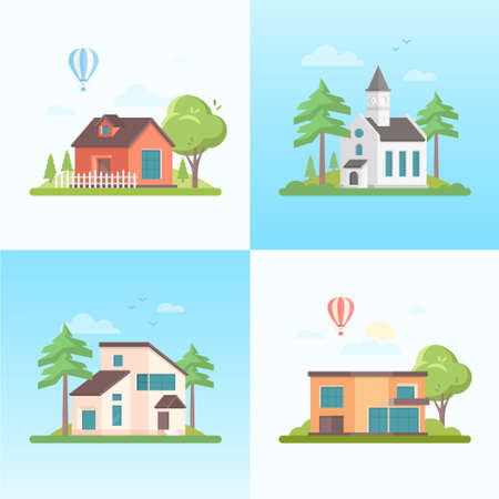 Country life - set of modern flat design style vector illustrations on blue background. Four images of small houses, church, trees, balloon, cloudsのイラスト素材