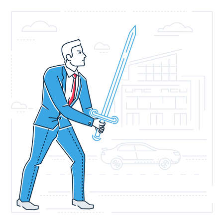 Businessman with a sword - line design style isolated illustration on white background. Metaphorical image of a person ready to fight with problems, difficulties. Silhouettes of buildings, carsのイラスト素材