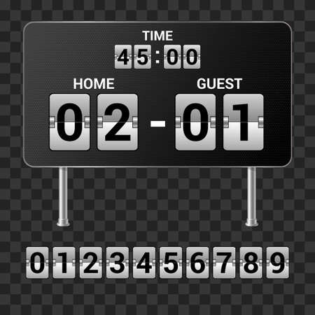 Sports scoreboard - set of realistic vector isolated objects on transparent background with time, score of the game and numbers. High quality clip art for presentations, banners, postersのイラスト素材