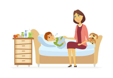 Mother with an ill boy cartoon people characters illustrationのイラスト素材