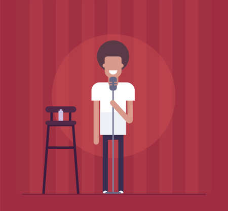 Man performing in modern flat design style isolated illustration on red curtain background. Smiling stand-up comedian acting before the audience. An image of a high chair, bottle, microphone.のイラスト素材
