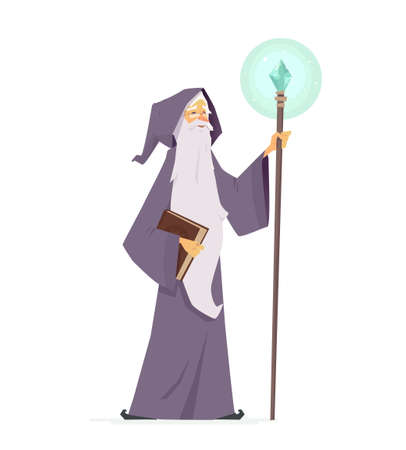 Wizard with magic book and wand in cartoon people characters illustration isolated on white background. An image of an old kind magician with long white beard in a mantle holding a stick with crystal.のイラスト素材