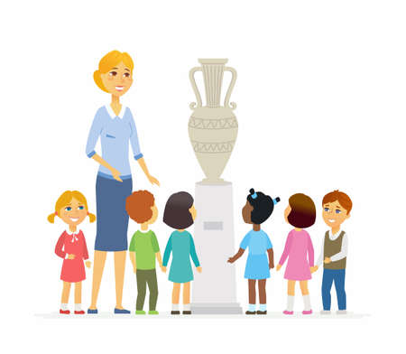 Children with teacher in museum - cartoon people characters isolated illustrationのイラスト素材