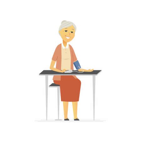 Senior woman measures blood pressure - cartoon people characters isolated illustrationのイラスト素材