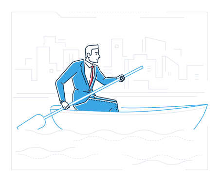 Businessman rowing a boat - line design style illustrationのイラスト素材