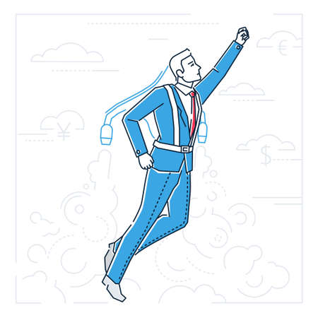 Businessman flying on a jet engine - line design style illustrationのイラスト素材