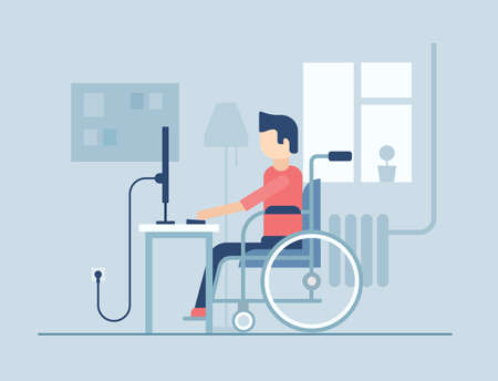 Disabled man working at home - flat design style illustration on blue background.のイラスト素材