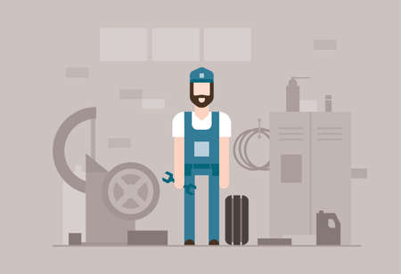 Motor mechanic at work - modern flat design style illustration on grey background.のイラスト素材