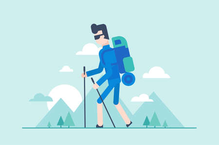 Nordic walking tour - modern flat design style illustration. Young tourist with poles, backpack with a sleeping pad hiking. Silhouettes of mountains, hills on the background, sun, clouds in the sky.のイラスト素材