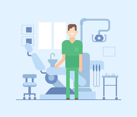Dentist at work - modern flat design style illustration. Smiling cheerful cartoon character in a dental room with a chair, equipment, appliances. Worker in a medical overall.のイラスト素材