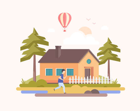 Country landscape - modern flat design style vector illustration on light pink background. A composition with a boy running before a small low-storey building, trees, hot air balloon, clouds, sun.のイラスト素材