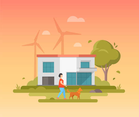 Landscape with windmills - modern flat design style vector illustration on orange background. A composition with a boy walking the dog, a small low- storey building, tree, clouds in the sky.のイラスト素材