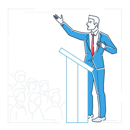 Businessman speaking from a platform - line design style isolated illustrationのイラスト素材