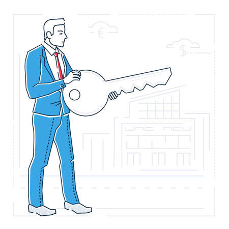 Businessman with a key - line design style isolated illustration.のイラスト素材