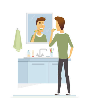 Young man brushing his teeth - cartoon people character isolated illustration on white background. An image of a cheerful handsome person in the bathroom. Hygiene and healthcare conceptのイラスト素材