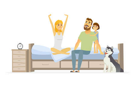 Family in the morning - cartoon people character isolated illustration on white background. An image of young parents, daughter and a dog in the bedroom, just waking up. A woman stretching and yawningのイラスト素材