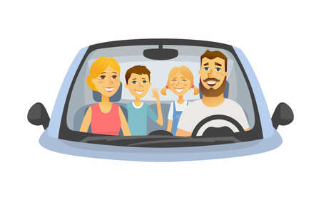 Family trip - cartoon people character isolated illustration on white background. An image of a young smiling parents with two cheerful children sitting in a carのイラスト素材