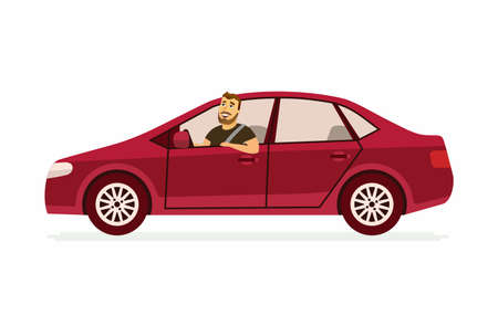 Young man in a car - cartoon people character isolated illustration on white background. An image of a happy smiling person driving a red vehicle. High quality composition for your presentationのイラスト素材
