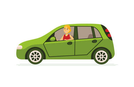 Young woman in a car - cartoon people character isolated illustration on white background. An image of a happy smiling person driving a green vehicle. High quality composition for your presentationのイラスト素材