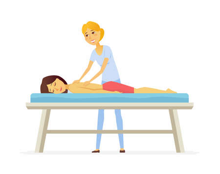 Young woman on a massage session - cartoon people character isolated illustration on white background. An image of a cute girl enjoying the procedure and a young blonde massagist. Healthcare conceptのイラスト素材